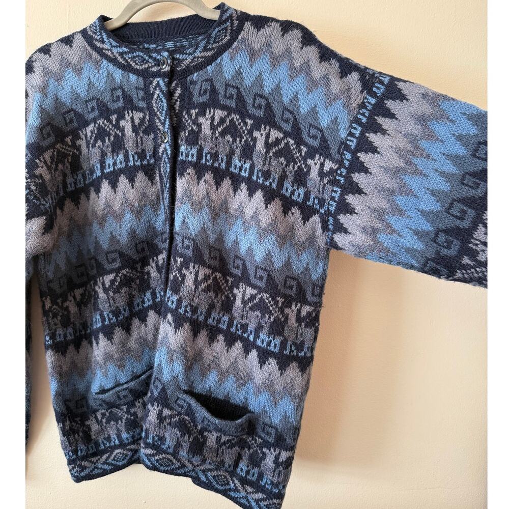 Vintage 100% Wool Blue Gray Nordic Animal Cardigan Sweater Women’s L